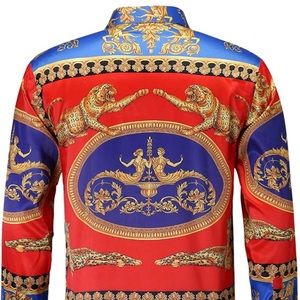 Mens Luxury Brand Printed Silk Like Satin Button Down Dress Shirt for Party